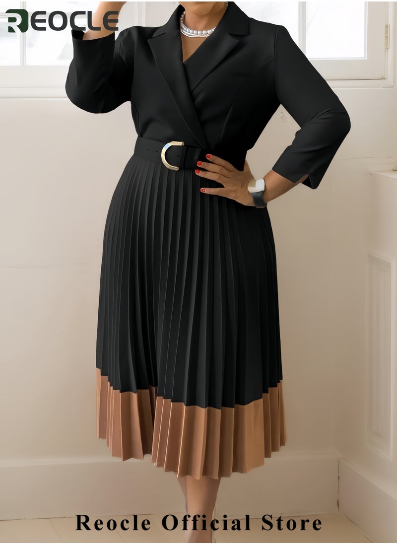 Women's Long Sleeve Blazer Dress Elegant Dressy Lapel Pleated Midi Dress with Belt