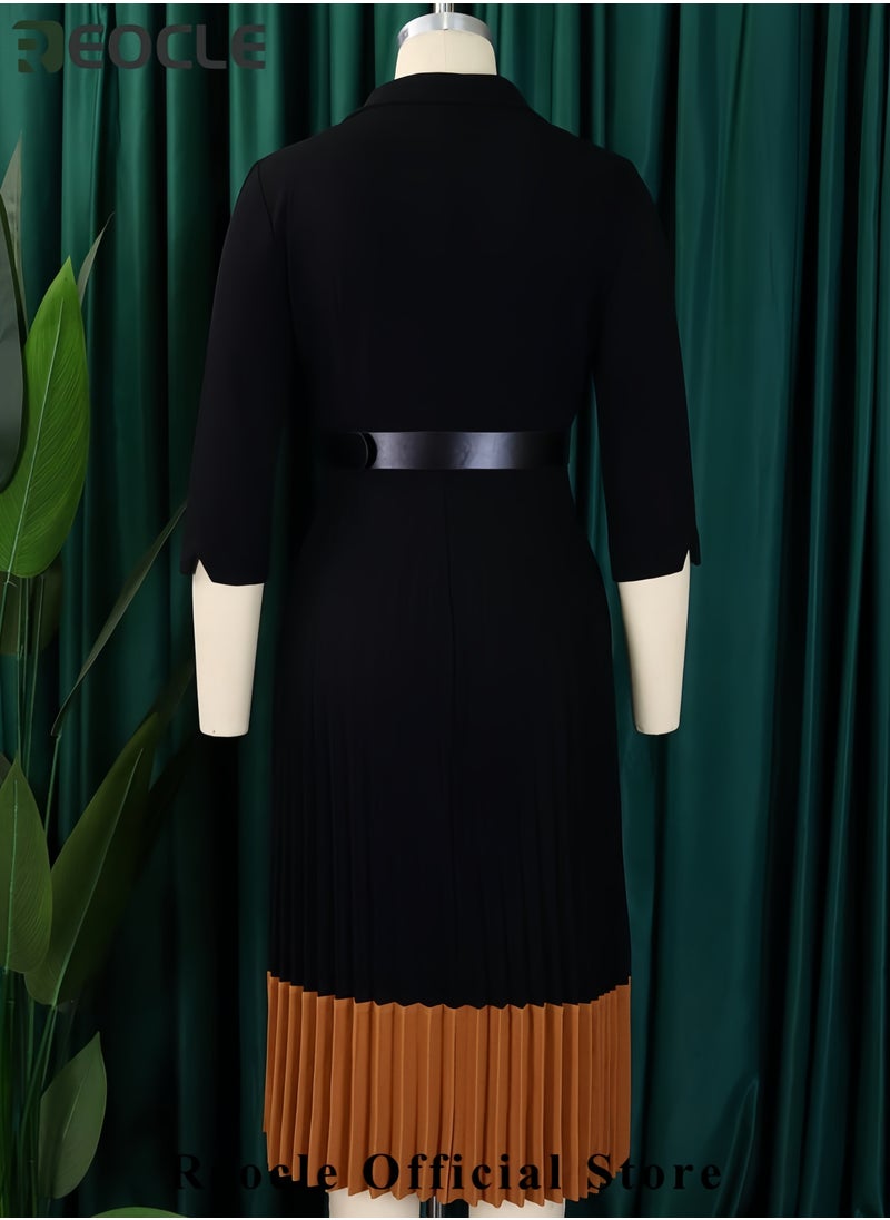 Women's Long Sleeve Blazer Dress Elegant Dressy Lapel Pleated Midi Dress with Belt