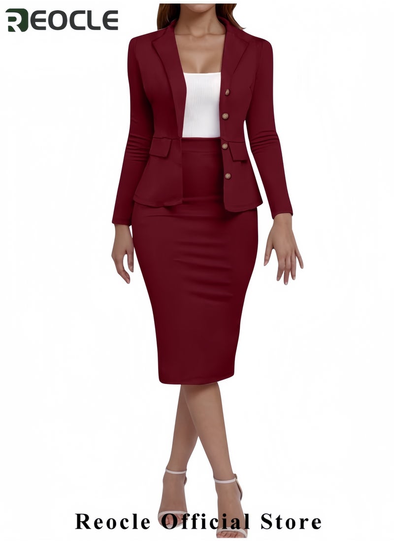 Women Wear to Work Dress 2 Piece Elegant Wrap Blazer Dresses Set Business Casual Long Sleeve Blazer and Pencil Skirt