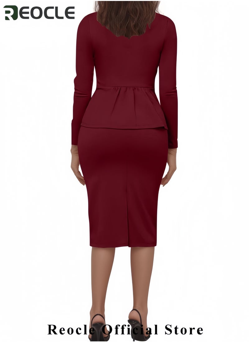 Women Wear to Work Dress 2 Piece Elegant Wrap Blazer Dresses Set Business Casual Long Sleeve Blazer and Pencil Skirt