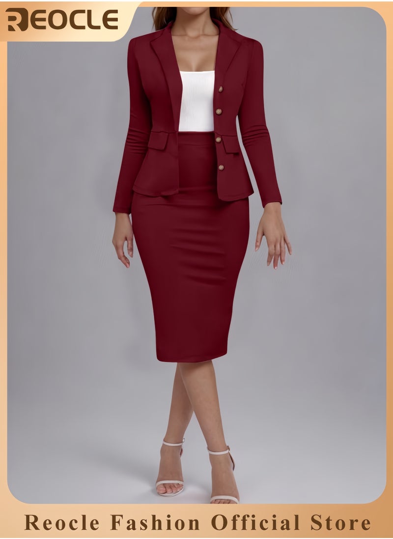 Women Wear to Work Dress 2 Piece Elegant Wrap Blazer Dresses Set Business Casual Long Sleeve Blazer and Pencil Skirt