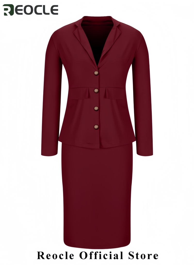 Women Wear to Work Dress 2 Piece Elegant Wrap Blazer Dresses Set Business Casual Long Sleeve Blazer and Pencil Skirt