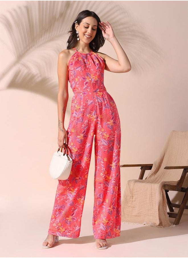 Women's Coral Red Rayon Printed Knee Length Shirt Regular Fit Dress
