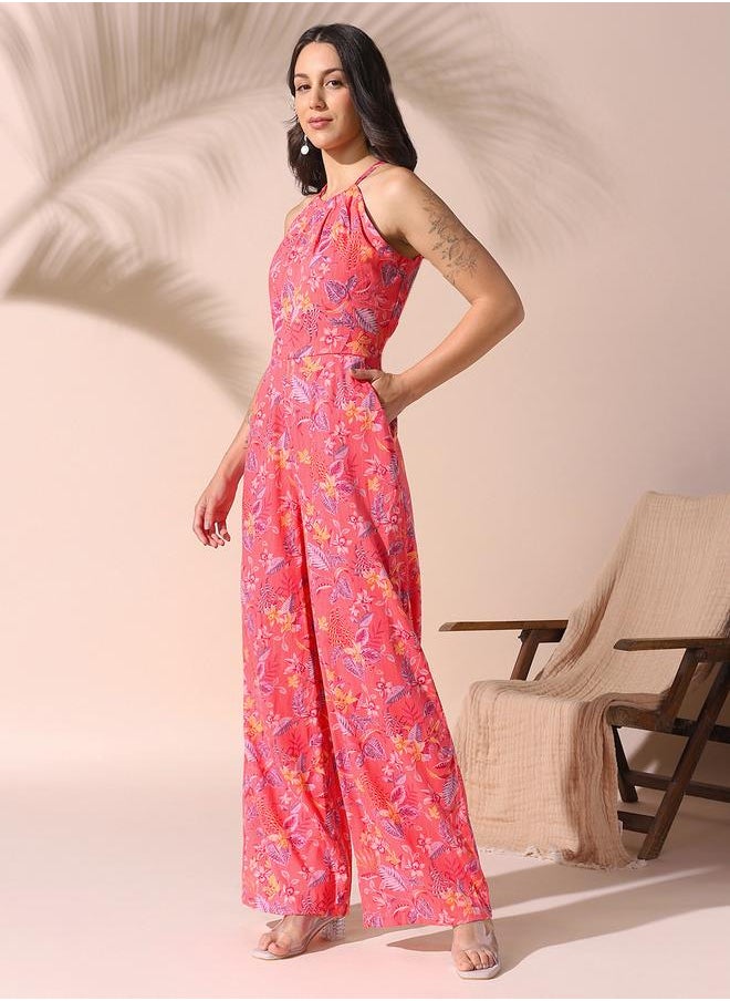 Women's Coral Red Rayon Printed Knee Length Shirt Regular Fit Dress