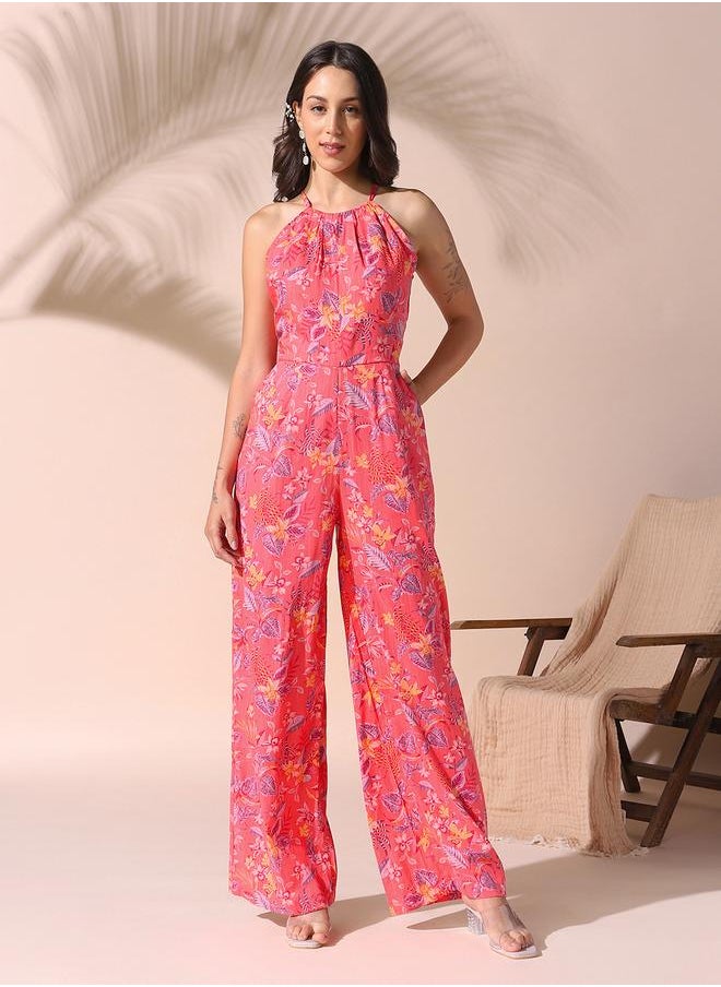Women's Coral Red Rayon Printed Knee Length Shirt Regular Fit Dress