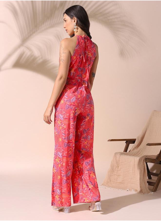 Women's Coral Red Rayon Printed Knee Length Shirt Regular Fit Dress