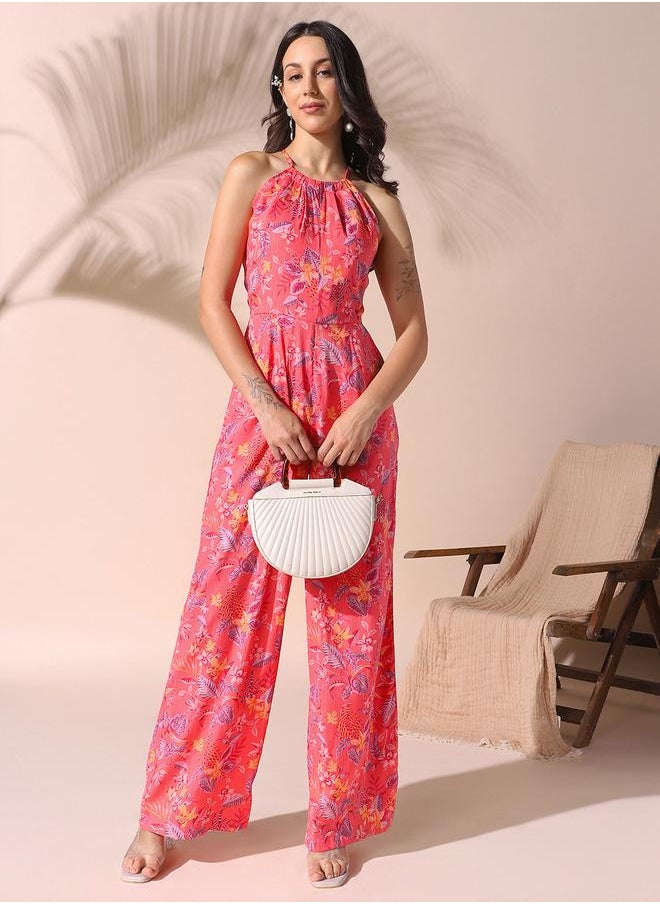 Women's Coral Red Rayon Printed Knee Length Shirt Regular Fit Dress