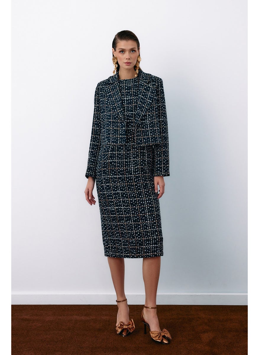 Sleeveless Tweed Pencil Dress - Navy Blue