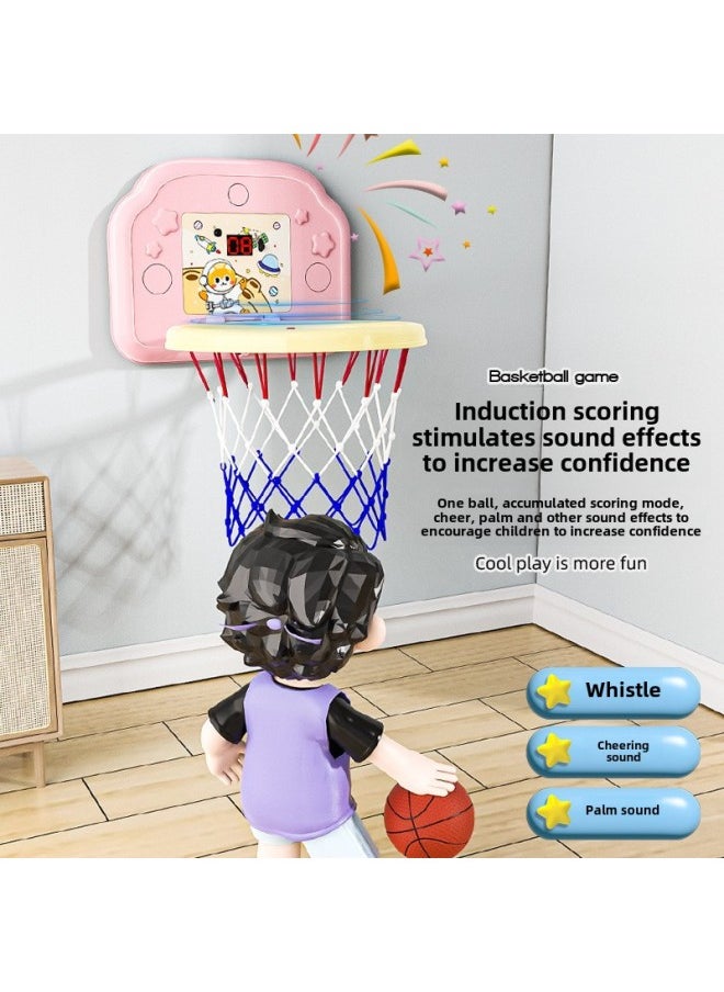 Children's Hanging Basketball Board Indoor And Outdoor Punch-Free Foldable Scoring Shooting Rings Kindergarten Basketball Toys-Color:[scoring Ring Rechargeable Battery Version] Pink Space Cat (free Basketball + 3 Rings + Pump + Suction Cup)-Diameter:5 Basketballs