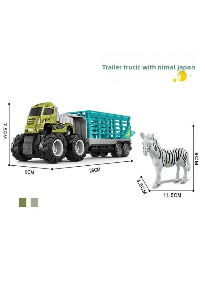 Four-drive Inertia American Car Front Alloy Trailer Car Dinosaur Children's Toy Vehicle-Color:Four-drive Inertia Alloy Trailer With Animal (Velociraptor)