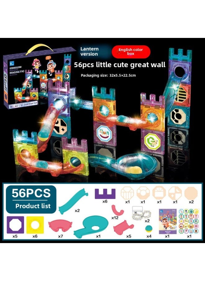 Color Window Magnetic Light Ball Track Changeable Three-dimensional Magnetic Piece Children's Splicing Building Block Toys-Color:[Lights-English Color Box] Macey Great Wall (56 Pieces) 624g