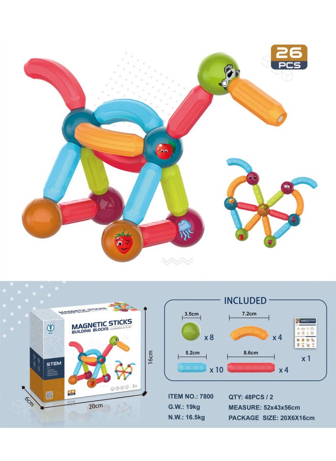 Magnetic Stick Early Education Disassembly Magnetic Piece Children's Educational Assembly Creative Variety Magnet Building Blocks Toy Generation-Color:7800 Magnetic Rod 26PCs [English]]