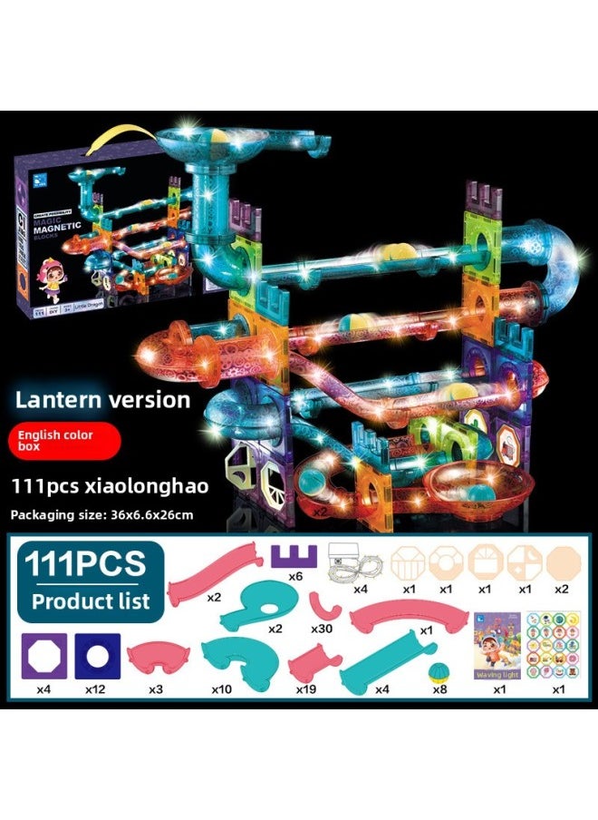 Color Window Magnetic Light Ball Track Changeable Three-dimensional Magnetic Piece Children's Splicing Building Block Toys-Color:[Light-English Color Box] Xiaolong (111 Pieces) 1030G