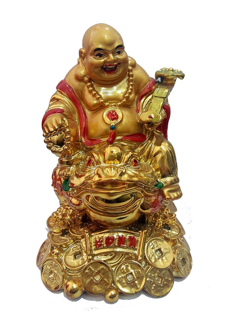 GJ Feng Shui Laughing Buddha with Money Frog on Bed of Wealth for Money Success and Happiness