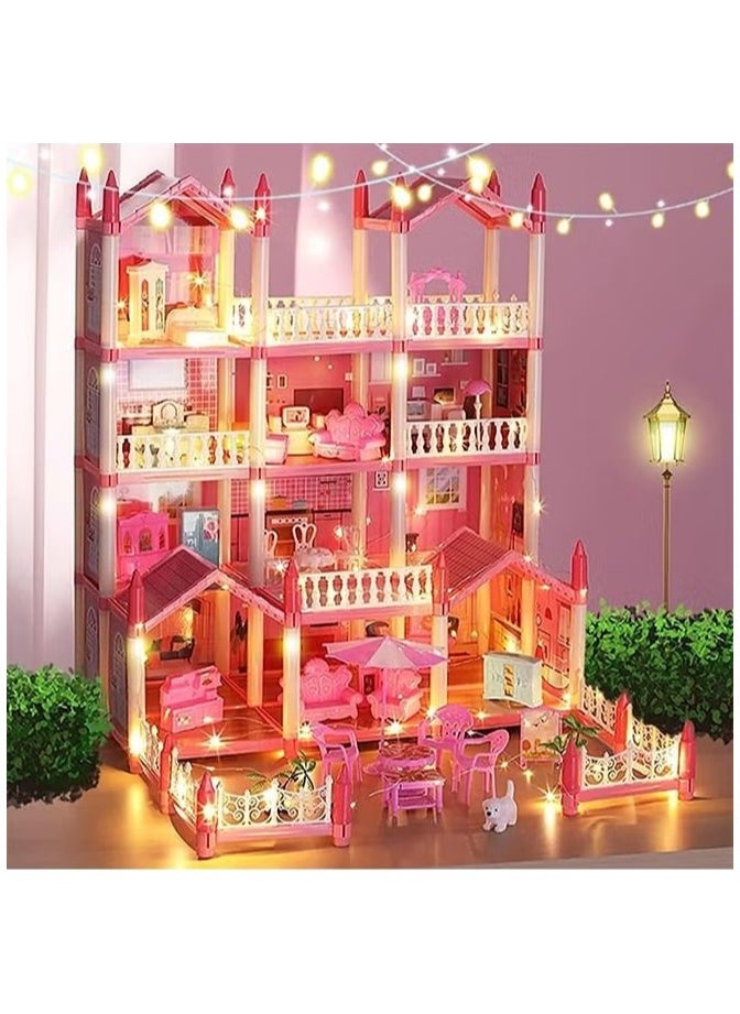 4 Floors Huge Dollhouse Play Set with 14 Rooms 4 doll 2 Color Light Strips with Lights to Assemble Kitchen, Bedroom, Furniture, Garden,Pets DIY Pretend Play Doll House for Girls Pink