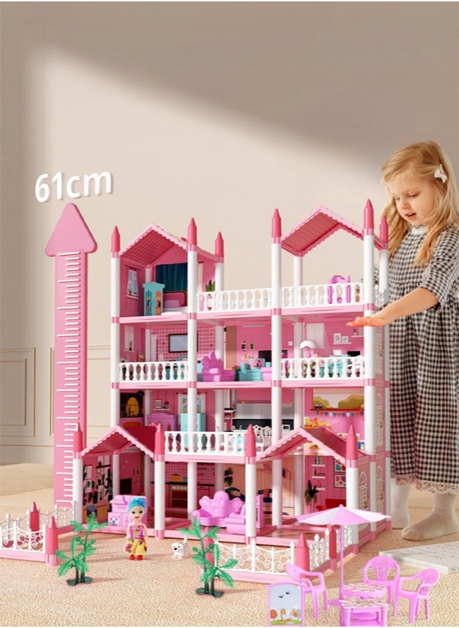 4 Floors Huge Dollhouse Play Set with 14 Rooms 4 doll 2 Color Light Strips with Lights to Assemble Kitchen, Bedroom, Furniture, Garden,Pets DIY Pretend Play Doll House for Girls Pink