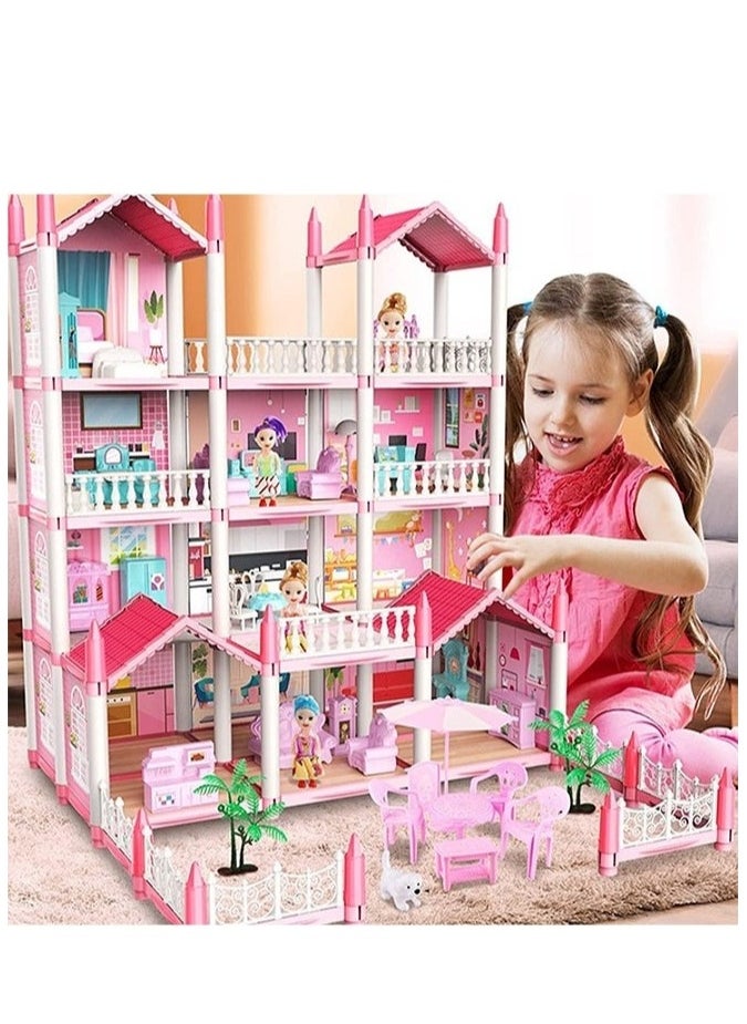 4 Floors Huge Dollhouse Play Set with 14 Rooms 4 doll 2 Color Light Strips with Lights to Assemble Kitchen, Bedroom, Furniture, Garden,Pets DIY Pretend Play Doll House for Girls Pink