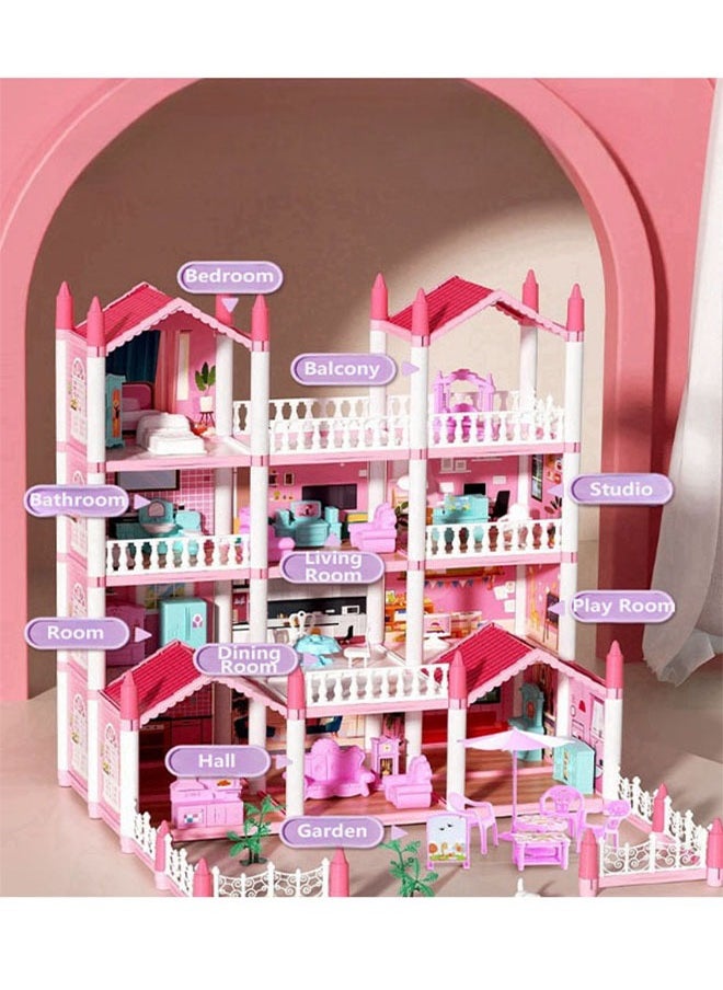 4 Floors Huge Dollhouse Play Set with 14 Rooms 4 doll 2 Color Light Strips with Lights to Assemble Kitchen, Bedroom, Furniture, Garden,Pets DIY Pretend Play Doll House for Girls Pink