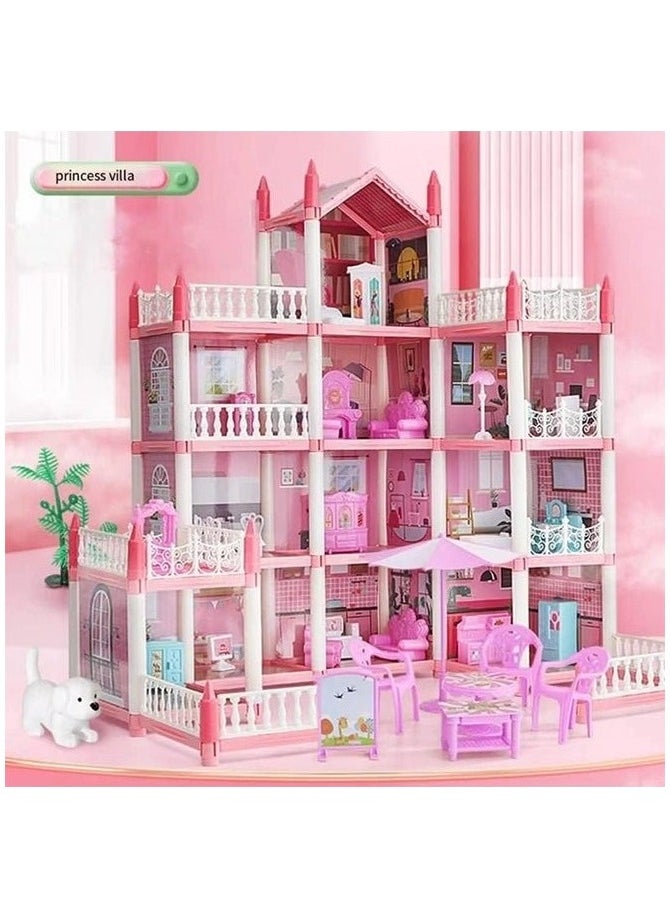 4 Floors Huge Dollhouse Play Set with 14 Rooms 4 doll 2 Color Light Strips with Lights to Assemble Kitchen, Bedroom, Furniture, Garden,Pets DIY Pretend Play Doll House for Girls Pink