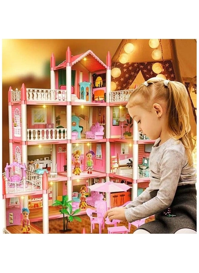 4 Floors Huge Dollhouse Play Set with 14 Rooms 4 doll 2 Color Light Strips with Lights to Assemble Kitchen, Bedroom, Furniture, Garden,Pets DIY Pretend Play Doll House for Girls Pink