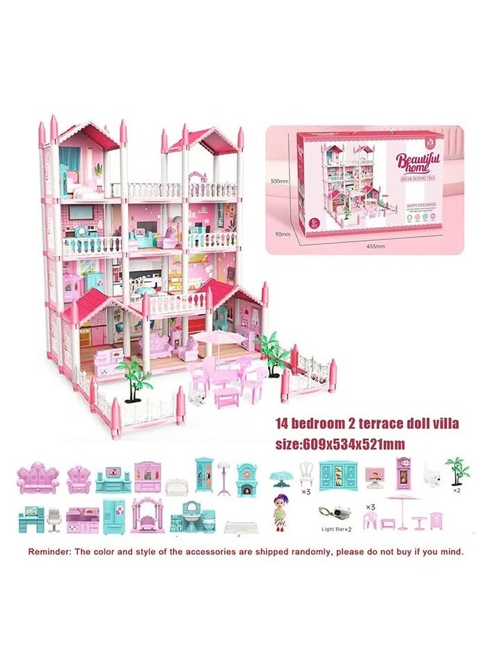 4 Floors Huge Dollhouse Play Set with 14 Rooms 4 doll 2 Color Light Strips with Lights to Assemble Kitchen, Bedroom, Furniture, Garden,Pets DIY Pretend Play Doll House for Girls Pink