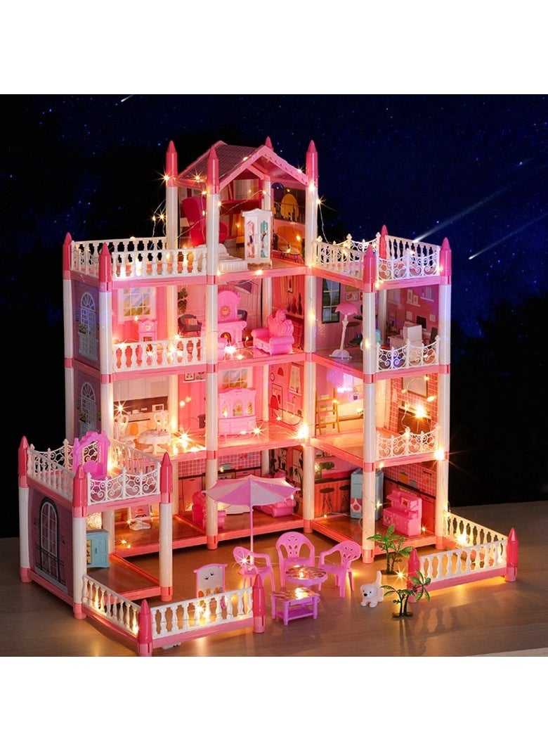 4 Floors Huge Dollhouse Play Set with 14 Rooms 4 doll 2 Color Light Strips with Lights to Assemble Kitchen, Bedroom, Furniture, Garden,Pets DIY Pretend Play Doll House for Girls Pink