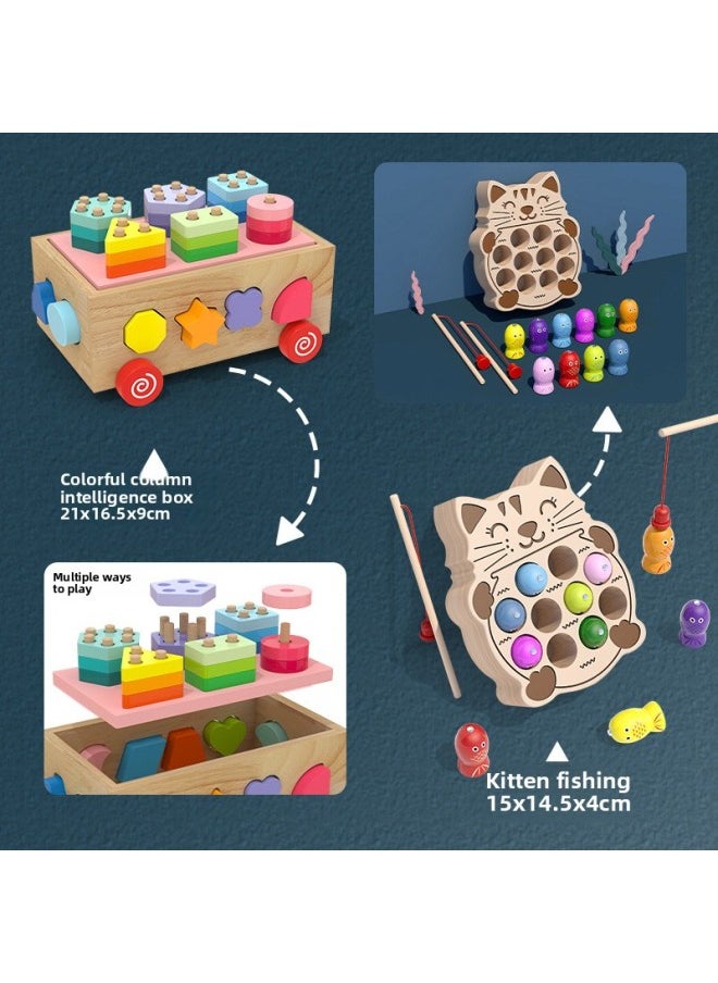 Baby Building Blocks Wood Assembled Shape Matching Toys For Infant Children Early Education 0-1 Year Old 2 Boys And Girls-Color:Colorful Set Column Intelligence Box -550 + Xiao Mao Fishing