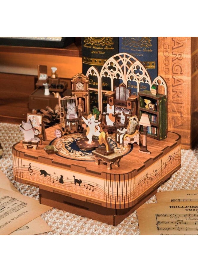 Assembled Music Box Cat's Happy Gathering Handmade Music Box Building Blocks Assembled Birthday Model Ornaments Manufacturers Straight Postage-Color:Magic Castle - Music [magic Academy Classic Soundtrack]-Size:Unpacking Without Return Or Exchange