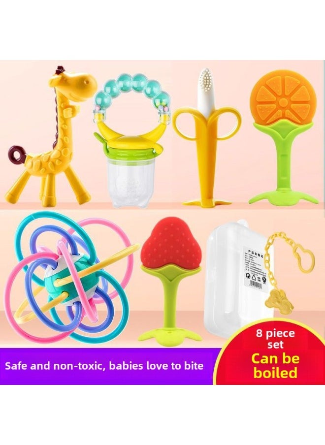 Baby Teether Teether Teether Stick Baby Bite Manhattan Hand Ball Toy Teether Silicone Boiled Deer-Color:Banana + Strawberry + Bite Music + Anti-drop Chain + Storage Box