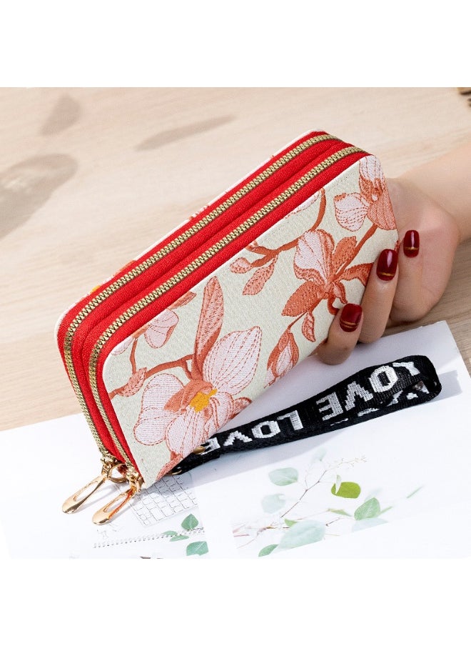 Women's Long All-in-one Double Zipper Korean Student Flower Large Capacity Handbag Soft Coin Purse