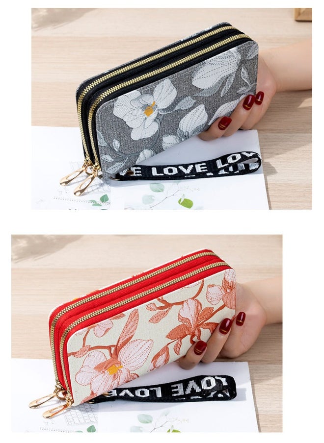 Women's Long All-in-one Double Zipper Korean Student Flower Large Capacity Handbag Soft Coin Purse