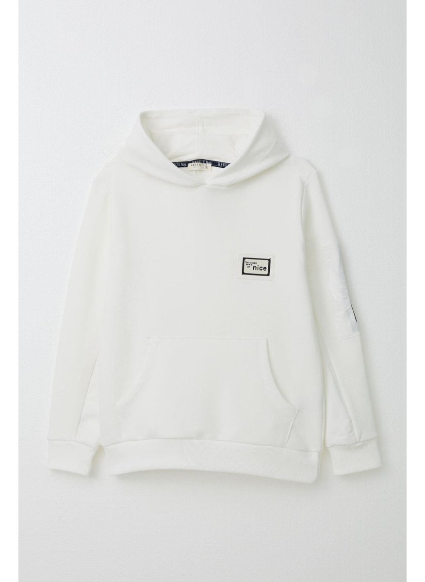 Boy's Sweatshirt with Emblem, Sleeve Pocket and Zipper, 9-14 Years, White