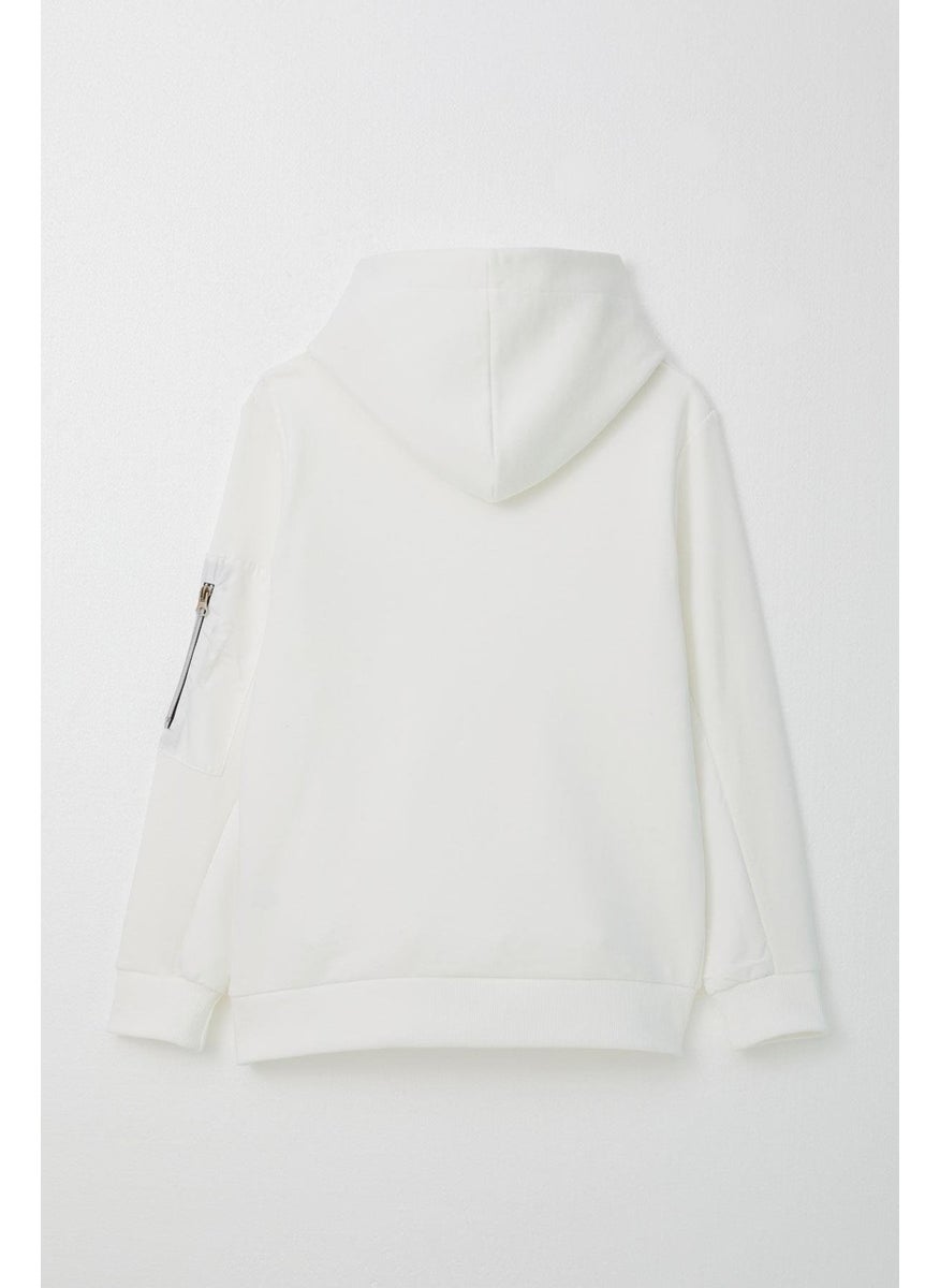 Boy's Sweatshirt with Emblem, Sleeve Pocket and Zipper, 9-14 Years, White