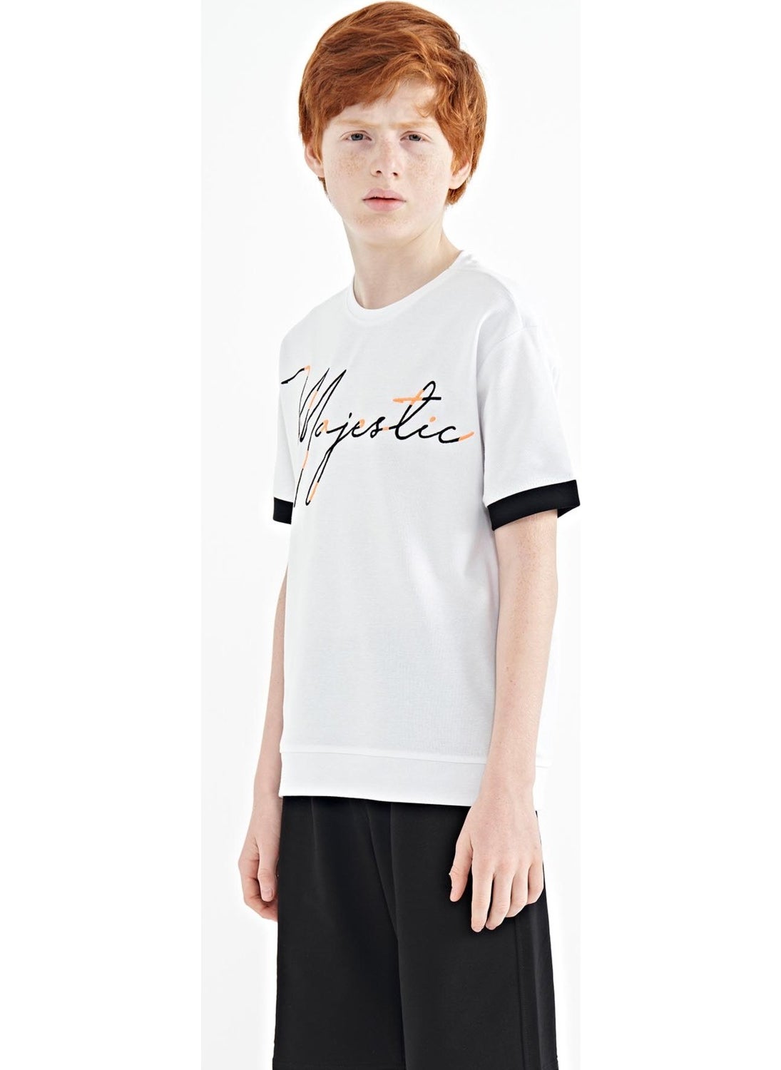 White Front Embroidered O Neck Oversize Boy T-Shirt - 11147