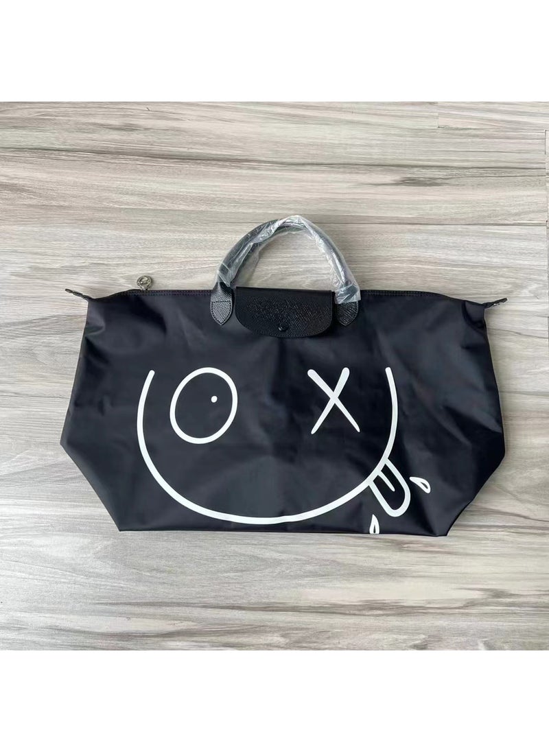 Unisex Travel Fitness Bag Large Capacity Smiley Face Nylon Material Detachable Shoulder Strap Handheld Luggage Bag Black