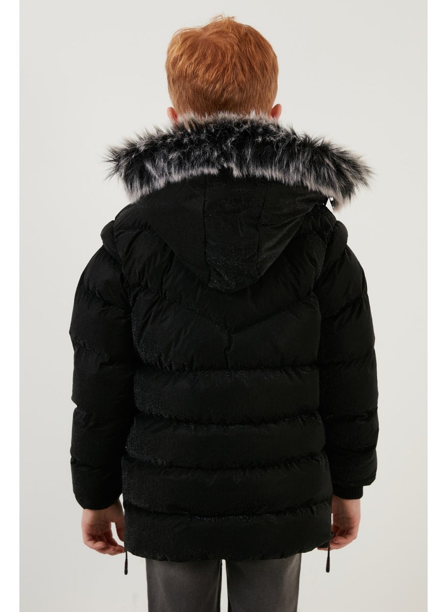 Plush Lined Faux Fur Collar Removable Hooded Winter Coat Boys' Coat 5761906
