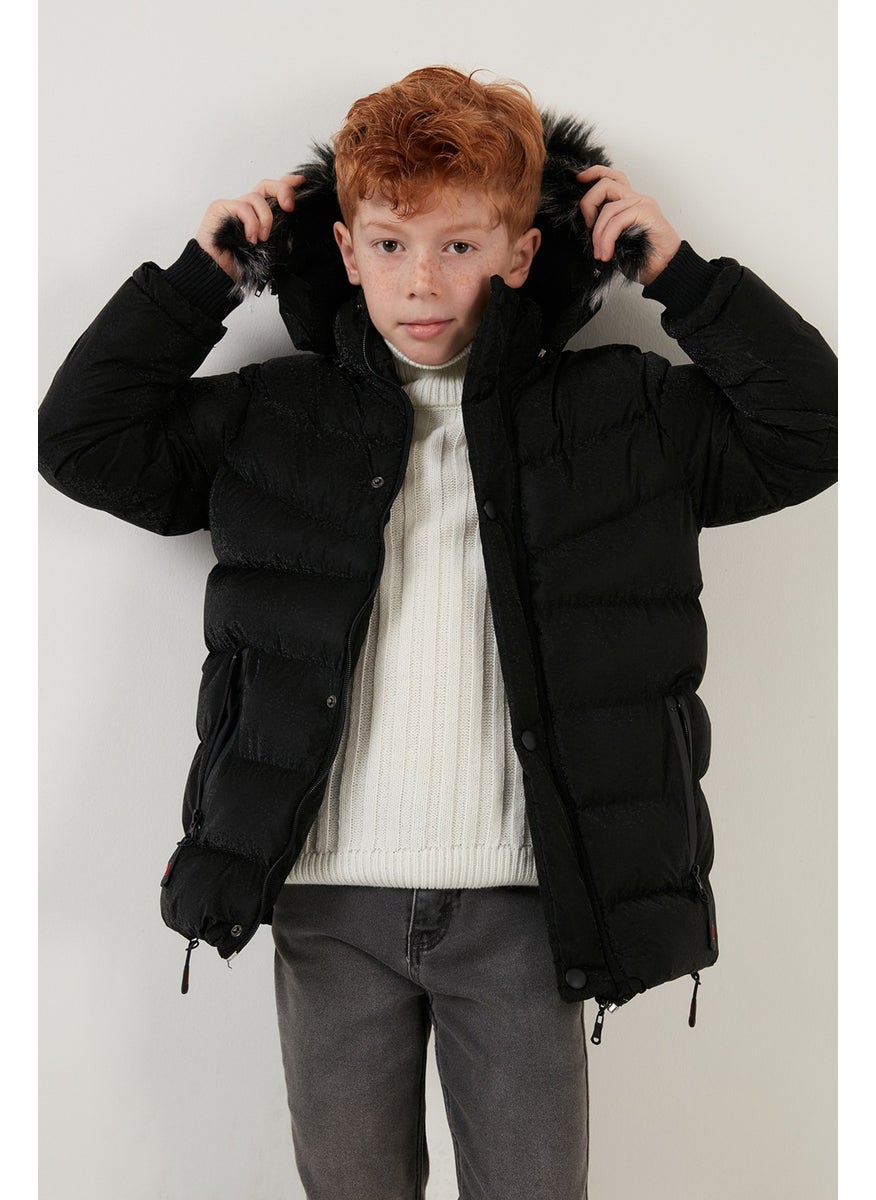 Plush Lined Faux Fur Collar Removable Hooded Winter Coat Boys' Coat 5761906