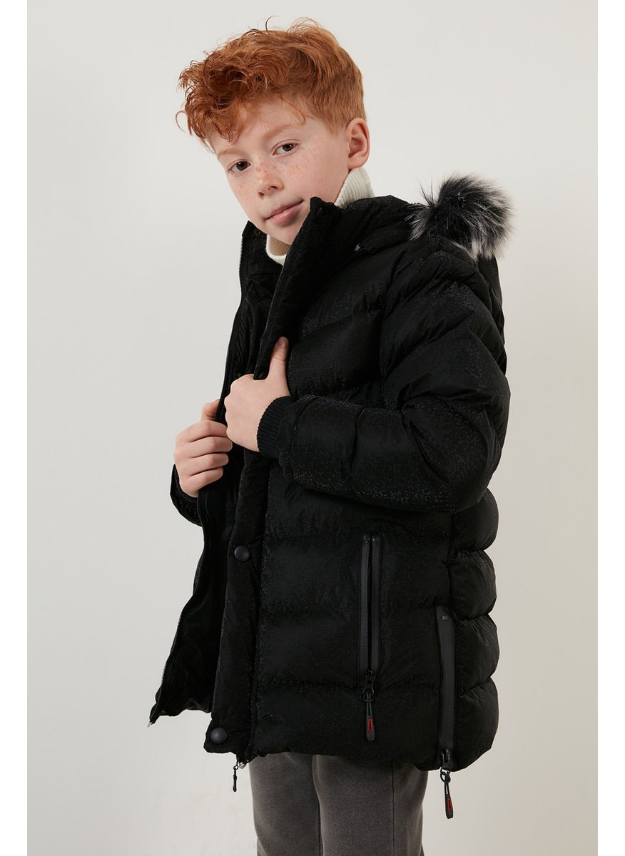 Plush Lined Faux Fur Collar Removable Hooded Winter Coat Boys' Coat 5761906
