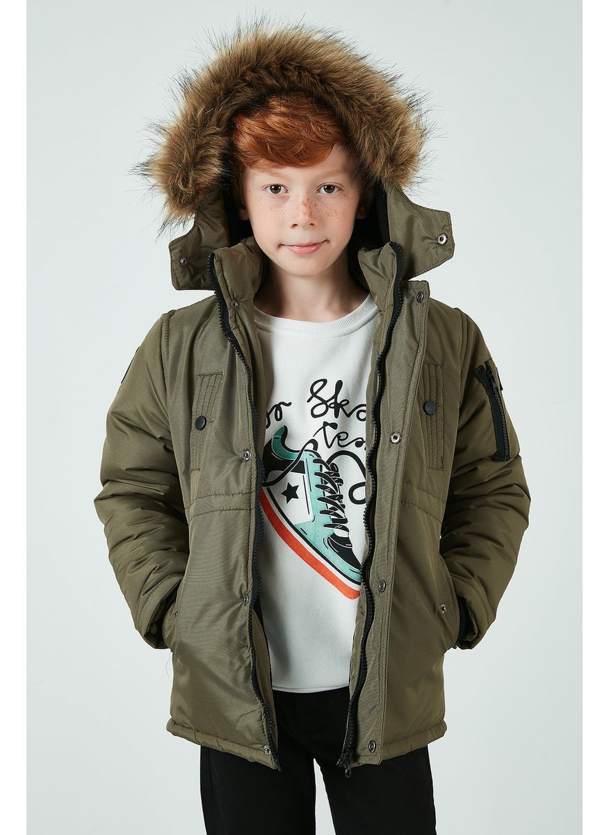 Collar Faux Fur Plush Lined Hooded Slim Cut Coat Boy's COAT 6031050