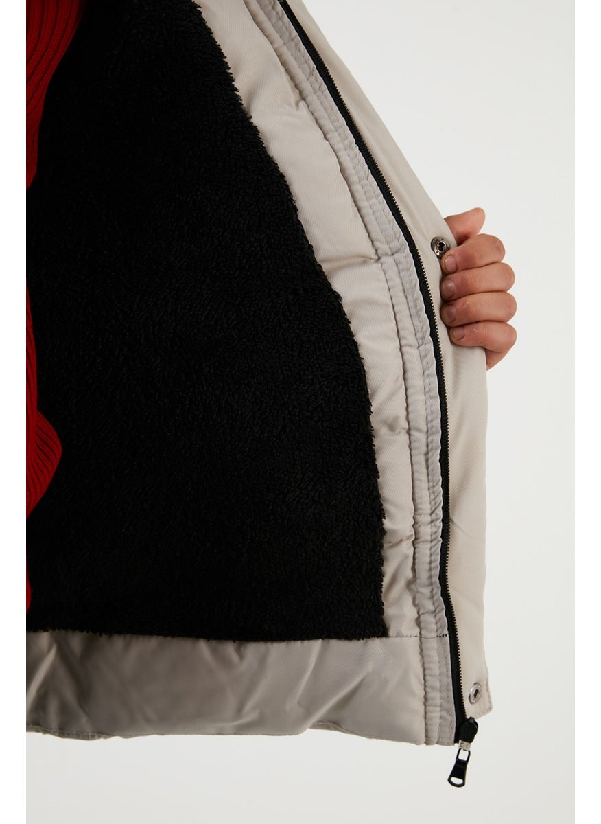 Plush Lined Removable Hooded Winter Coat with Pockets Boys' Coat 5760022