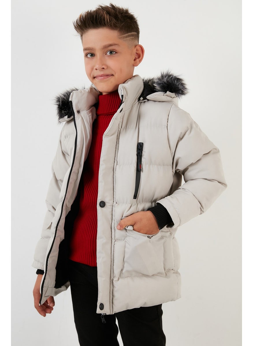 Plush Lined Removable Hooded Winter Coat with Pockets Boys' Coat 5760022