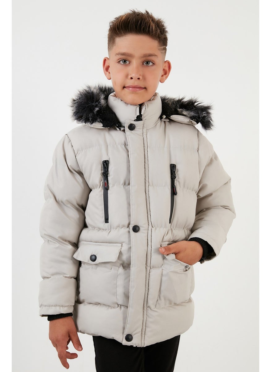 Plush Lined Removable Hooded Winter Coat with Pockets Boys' Coat 5760022