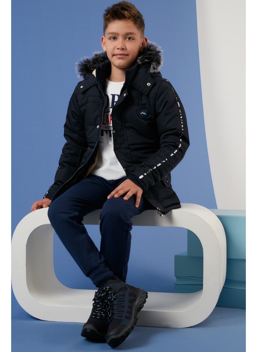 Collar Faux Fur Plush Lined Hooded Winter Coat Boy's Coat 6036056