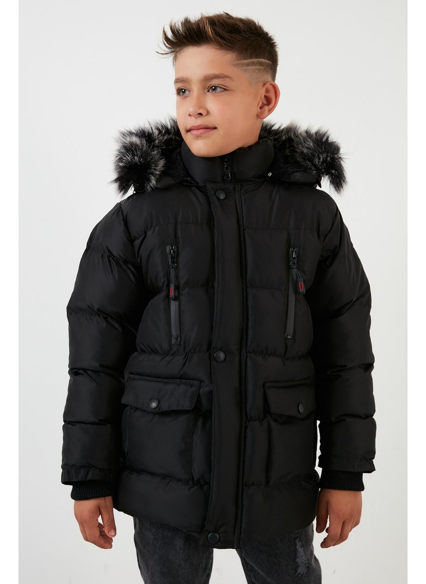 Plush Lined Removable Hooded Winter Coat with Pockets Boys' Coat 5760022