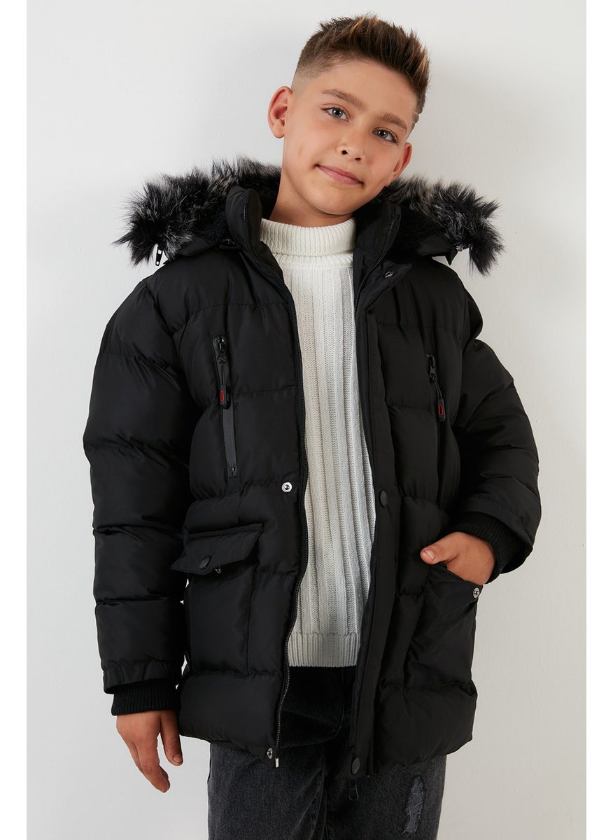 Plush Lined Removable Hooded Winter Coat with Pockets Boys' Coat 5760022