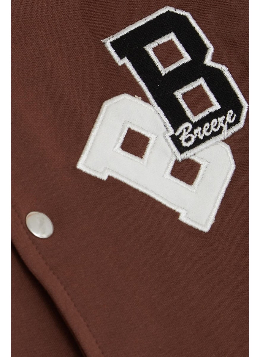 Breeze Boy's College Coat with Letter Embroidery and Snap Fasteners, Age 3-7, Brown