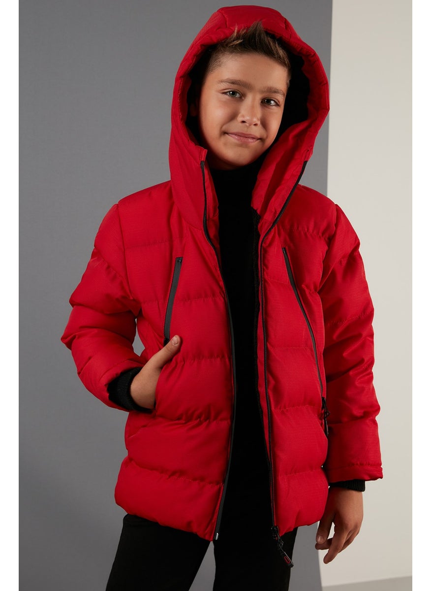 Plush Lined Hooded Puffer Coat with Zipper Pockets Boys' Coat 5760040
