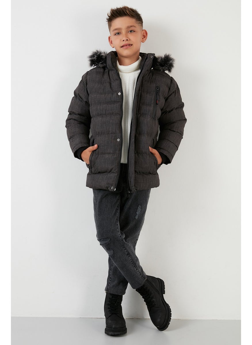 Plush Lined Removable Hooded Winter Coat with Pockets Boys' Coat 5760024