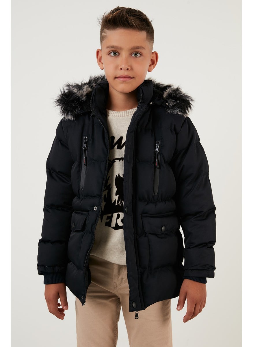 Plush Lined Removable Hooded Winter Coat with Pockets Boys' Coat 5760022