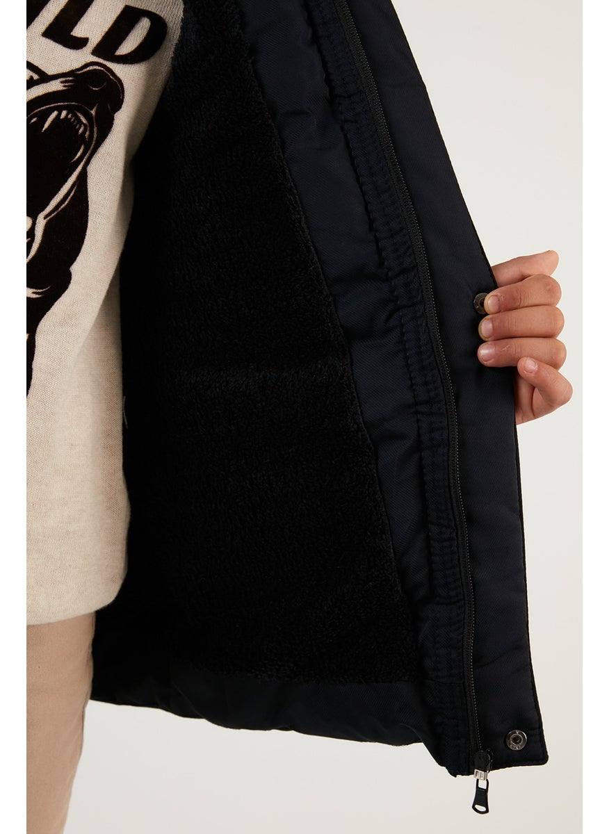 Plush Lined Removable Hooded Winter Coat with Pockets Boys' Coat 5760022